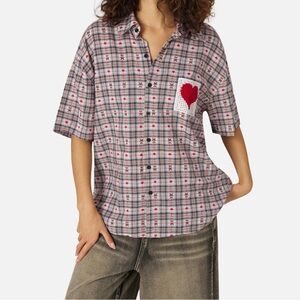 Aelfric Eden Plaid Button-Down Shirt with Red Heart Patch  NWT